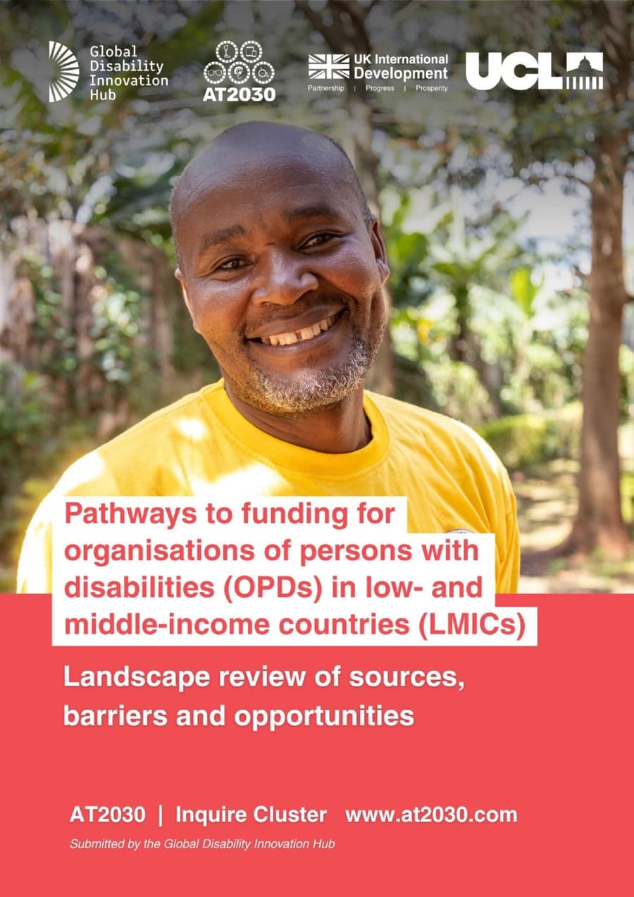Cover of the AT2030 report “Pathways to funding for organisations of persons with disabilities (OPDs) in low- and middle-income countries”, showing a smiling man in a yellow T-shirt standing among trees.