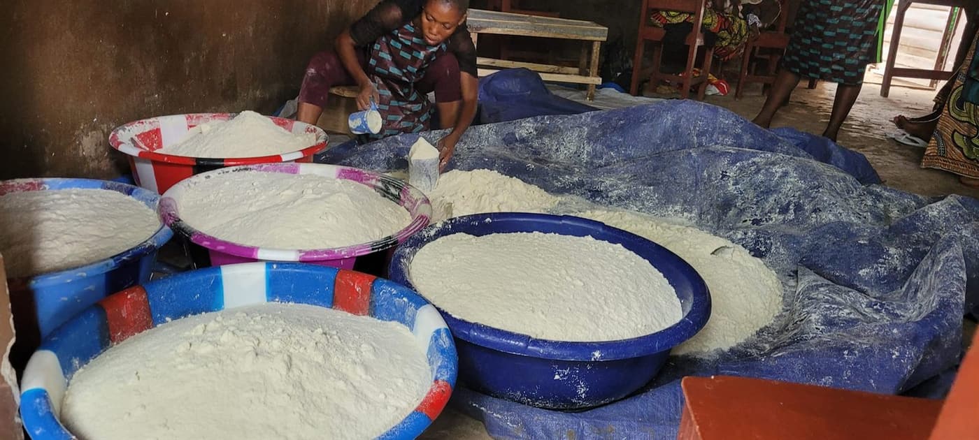 Wide basins of freshly made liquid soap at the skills training and production centre